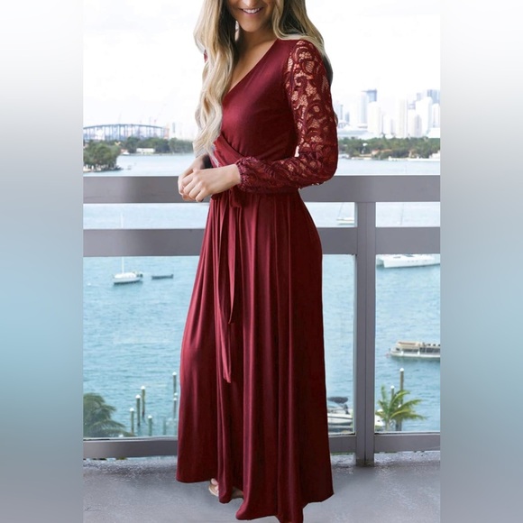 Elegant Burgundy Lace Sleeve Dress - Picture 1 of 5